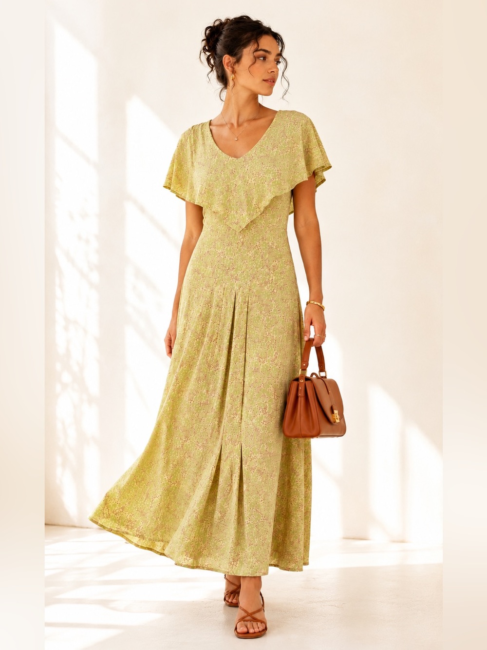 Vintage Prairie Maxi Dress Statement Collar Rayon April Cornell Chartreuse Sz S